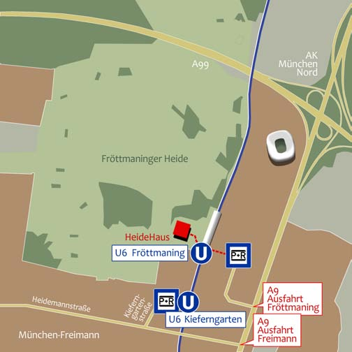 Wo ist was? Lage und Anfahrt zum HeideHaus: Das HeideHaus befindet sich in München-Freimann, unmi*elbar an der U-Bahnsta'on Frö*maning (U 6), Ausgang HeideHaus (Richtung Admiralbogen).