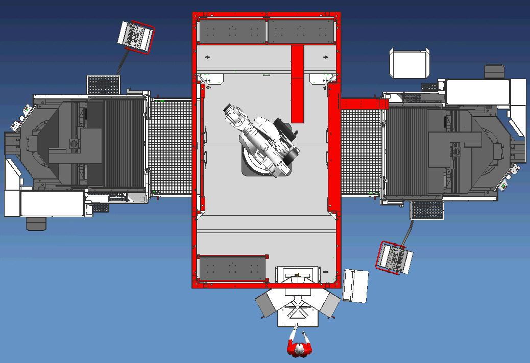 Fräslinie mit 2 gleichen Fräsmaschinen Robotersystem - und RS stehenden Knickarmroboter Vorteil: Alles fertig von einem Hersteller