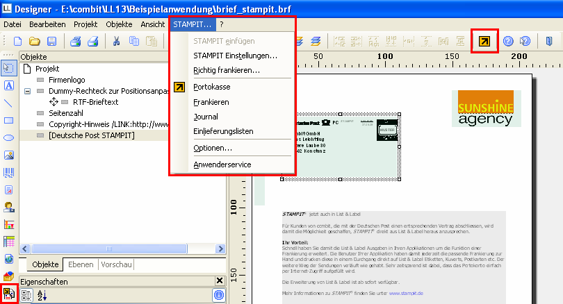 Verwendung von Deutsche Post STAMPIT mit combit Applikationen - 4-4. Fügen Sie nun mit einem der o.g. Punkte ein STAMPIT-Objekt in Ihre Druckvorlage ein. 5.