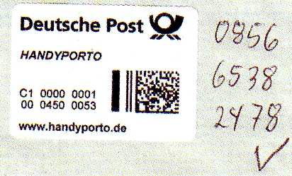 Beispiel: Links: Label Handyporto durch Deutsche Post AG (erst im Eingangsbriefzentrum).