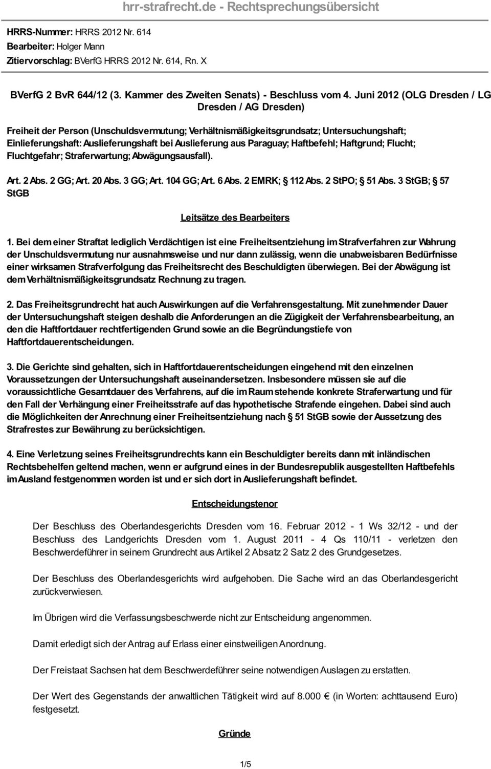 Juni 2012 (OLG Dresden / LG Dresden / AG Dresden) Freiheit der Person (Unschuldsvermutung; Verhältnismäßigkeitsgrundsatz; Untersuchungshaft; Einlieferungshaft: Auslieferungshaft bei Auslieferung aus