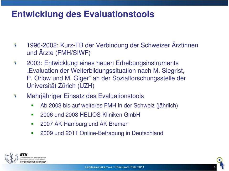 Giger an der Sozialforschungsstelle der Universität Zürich (UZH) Mehrjähriger Einsatz des Evaluationstools Ab 2003 bis auf weiteres FMH