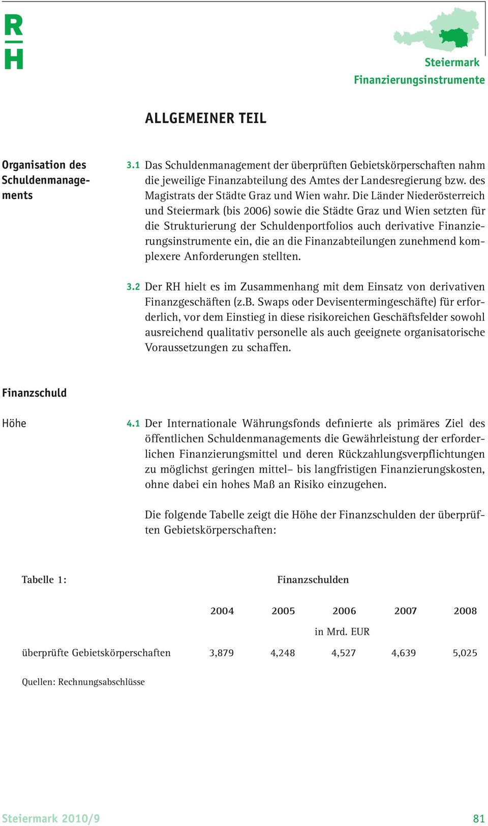Die Länder Nieder österreich und Steiermark (bis 2006) sowie die Städte Graz und Wien setzten für die Strukturierung der Schuldenportfolios auch derivative Finanzierungsinstrumente ein, die an die