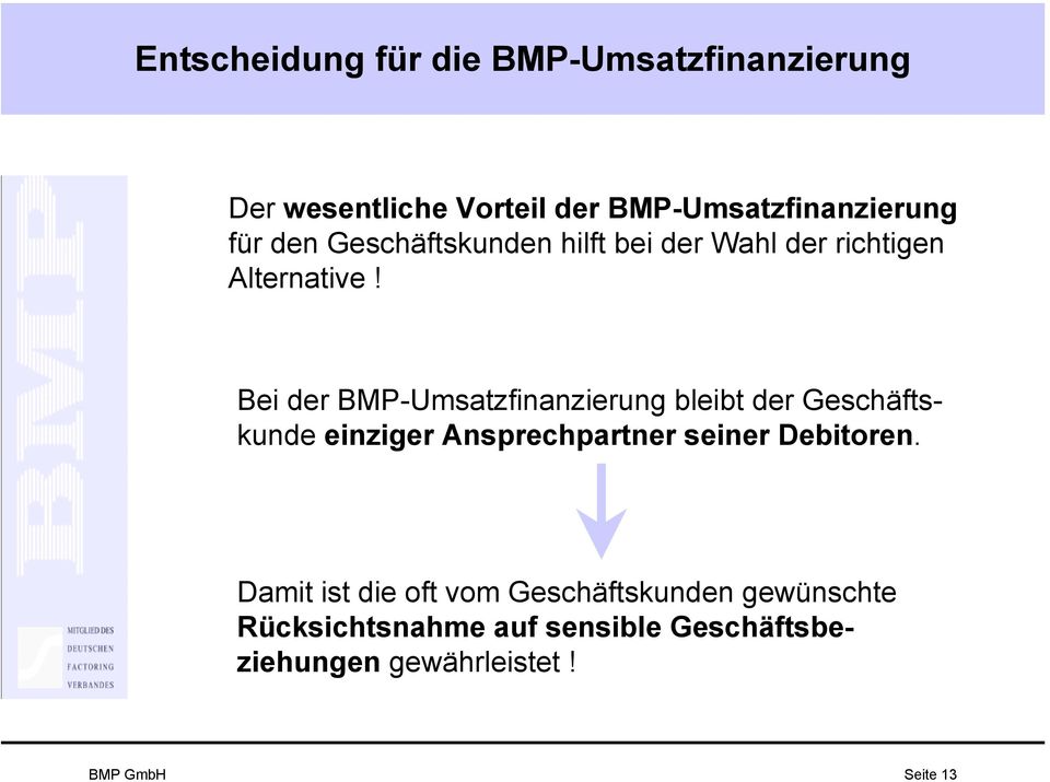 Bei der BMP-Umsatzfinanzierung bleibt der Geschäftskunde einziger Ansprechpartner seiner Debitoren.