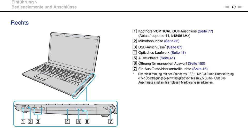 für manuellen Auswurf (Seite 150) G Ein-Aus-Taste/etzkontrollleuchte (Seite 16) * Übereinstimmung mit den Standards USB 1.1/2.0/3.
