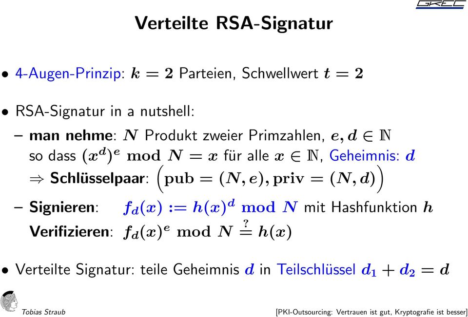 d Schlüsselpaar: pub = (N, e), priv = (N, d) Signieren: f d (x) := h(x) d mod N mit Hashfunktion h