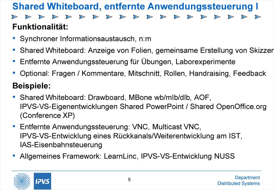 Whiteboard: Drawboard, MBone wb/mlb/dlb, AOF, IPVS-VS-Eigenentwicklungen Shared PowerPoint / Shared OpenOffice.