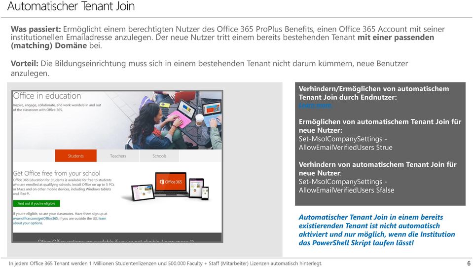 Vorteil: Die Bildungseinrichtung muss sich in einem bestehenden Tenant nicht darum kümmern, neue Benutzer anzulegen. Verhindern/Ermöglichen von automatischem Tenant Join durch Endnutzer: Learn more.