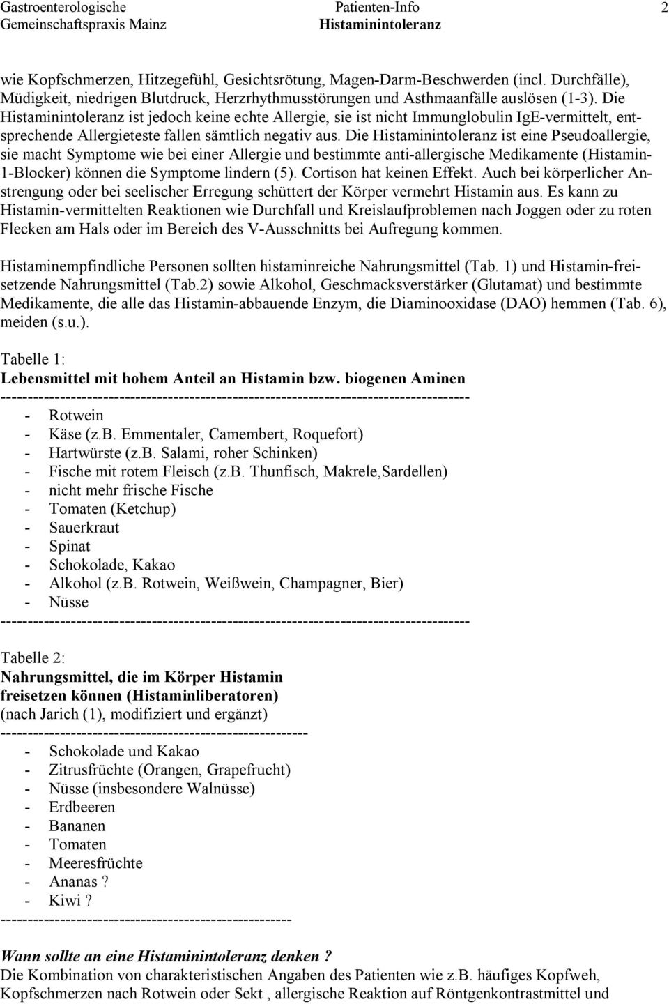 Patienten-Info. Unverträglichkeit von Histamin und biogenen Aminen - PDF  Free Download