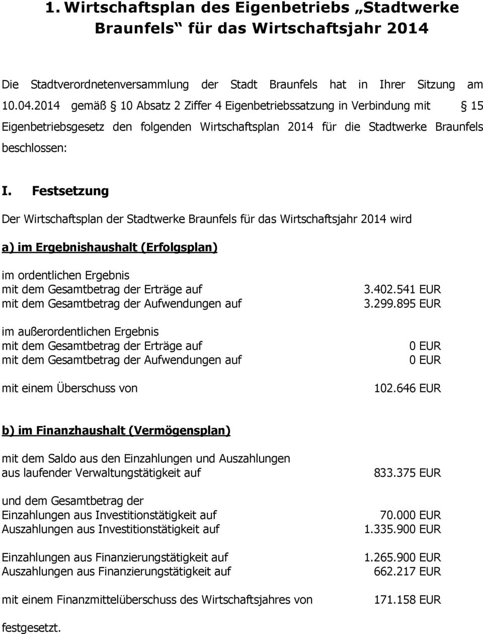 Festsetzung Der Wirtschaftsplan der Stadtwerke Braunfels für das Wirtschaftsjahr 2014 wird a) im Ergebnishaushalt (Erfolgsplan) im ordentlichen Ergebnis mit dem Gesamtbetrag der Erträge auf mit dem