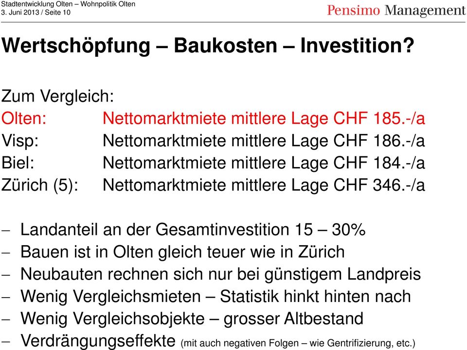 -/a Zürich (5): Nettomarktmiete mittlere Lage CHF 346.