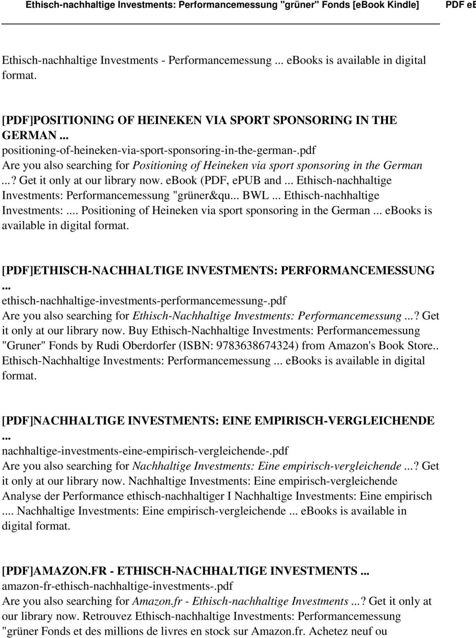 ebook (PDF, epub and Ethisch-nachhaltige Investments: Performancemessung "grüner&qu BWL Ethisch-nachhaltige Investments:.