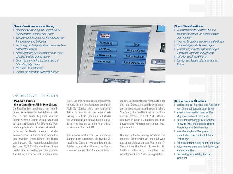 PCI-Konformität Journal und Reporting über Web-Konsole Smart Client-Funktionen Vorkonfektionierte Bausteine für den Multivendor-Betrieb von Geldautomaten und Terminals Aus- und Einzahlung von Noten