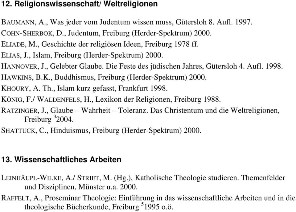 HAWKINS, B.K., Buddhismus, Freiburg (Herder-Spektrum) 2000. KHOURY, A. Th., Islam kurz gefasst, Frankfurt 1998. KÖNIG, F./ WALDENFELS, H., Lexikon der Religionen, Freiburg 1988. RATZINGER, J.