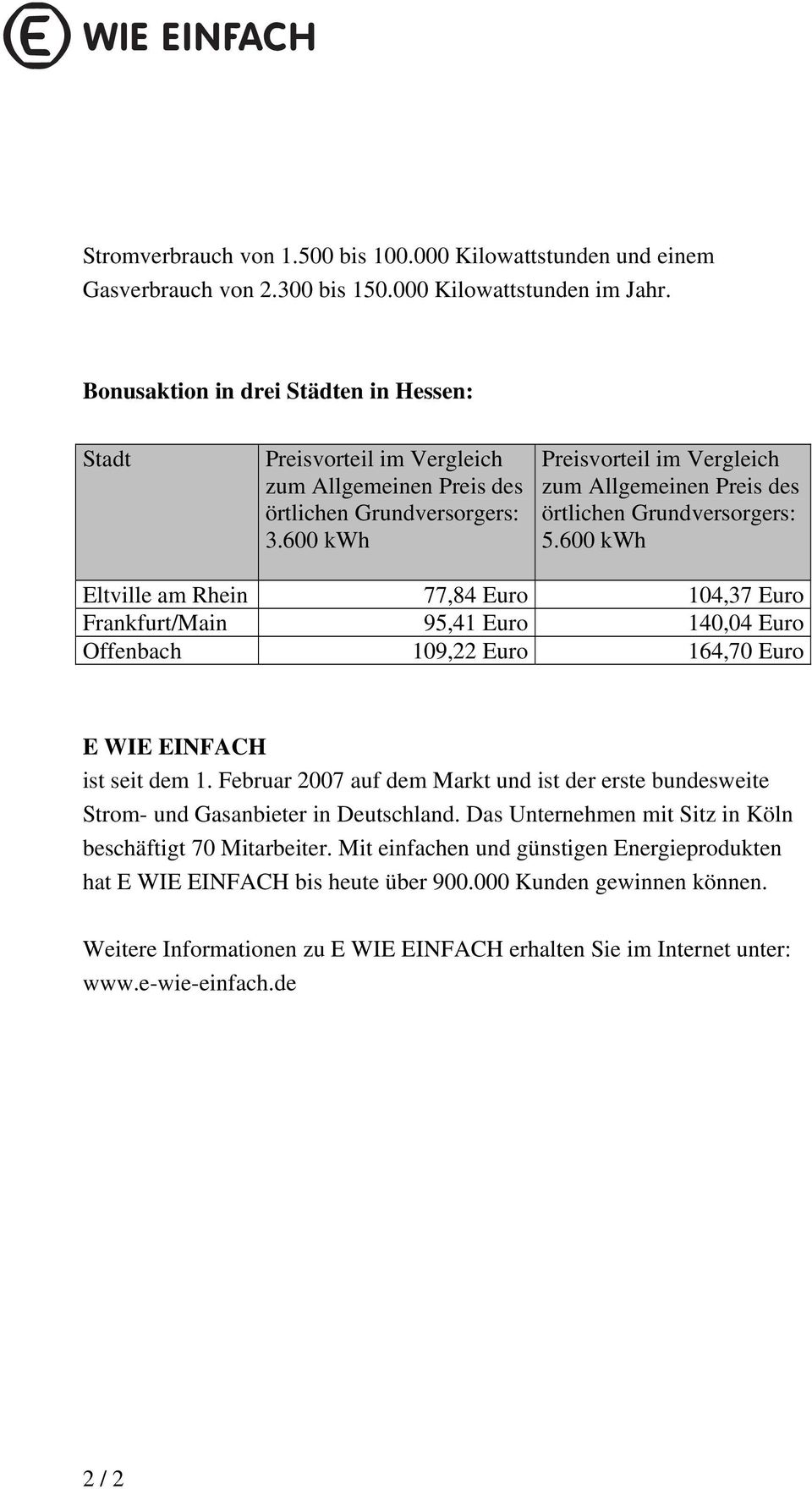 600 kwh Eltville am Rhein 77,84 Euro 104,37 Euro Frankfurt/Main 95,41 Euro 140,04 Euro Offenbach 109,22 Euro 164,70 Euro ist seit dem 1.