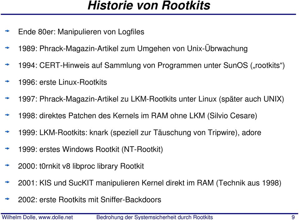 Patchen des Kernels im RAM ohne LKM (Silvio Cesare) 1999: LKM Rootkits: knark (speziell zur Täuschung von Tripwire), adore 1999: erstes Windows Rootkit (NT
