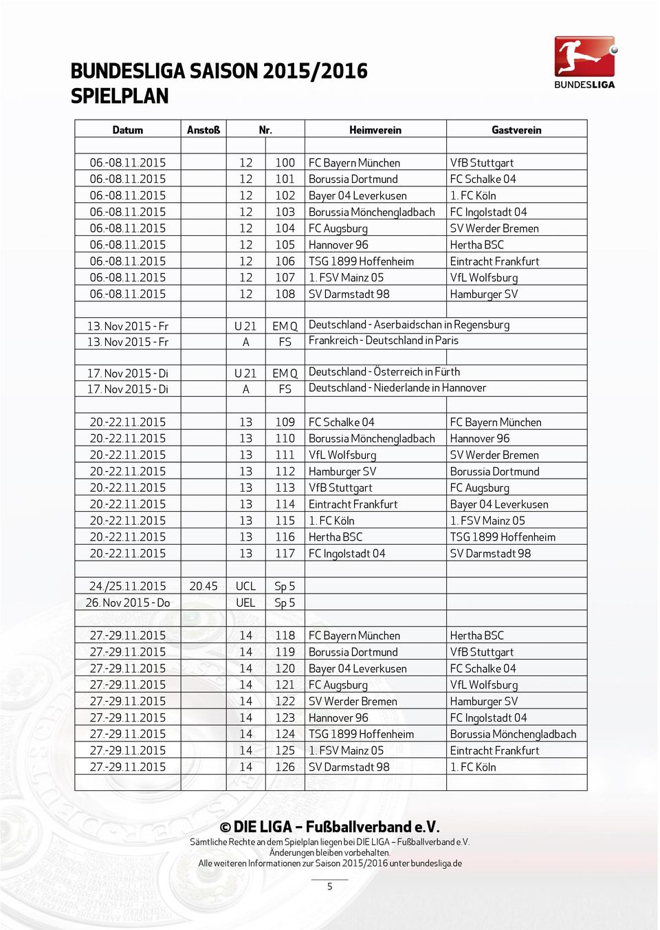 FSV Mainz 05 VfL Wolfsburg 06.-08.11.2015 12 108 SV Darmstadt 98 Hamburger SV 13. Nov 2015 - Fr U 21 EM Q Deutschland - Aserbaidschan in Regensburg 13.