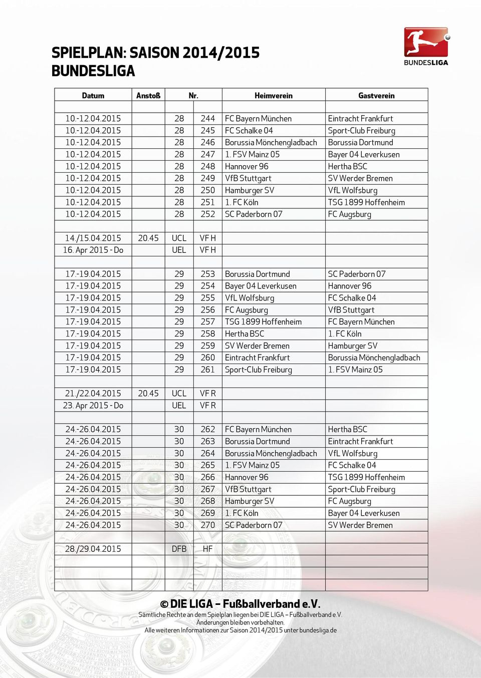 FC Köln TSG 1899 Hoffenheim 10.-12.04.2015 28 252 SC Paderborn 07 FC Augsburg 14./15.04.2015 20.45 UCL VF H 16. Apr 2015 - Do UEL VF H 17.-19.04.2015 29 253 Borussia Dortmund SC Paderborn 07 17.-19.04.2015 29 254 Bayer 04 Leverkusen Hannover 96 17.