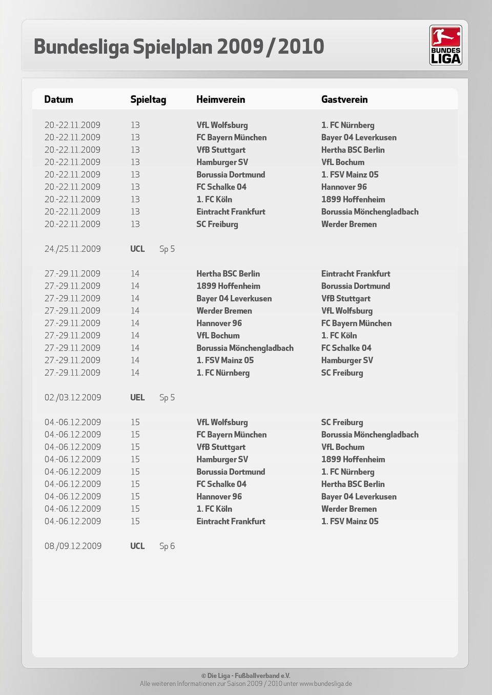 -22.11.2009 13 SC Freiburg Werder Bremen 24./25.11.2009 UCL Sp 5 27.-29.11.2009 14 Hertha BSC Berlin Eintracht Frankfurt 27.-29.11.2009 14 1899 Hoffenheim Borussia Dortmund 27.-29.11.2009 14 Bayer 04 Leverkusen VfB Stuttgart 27.