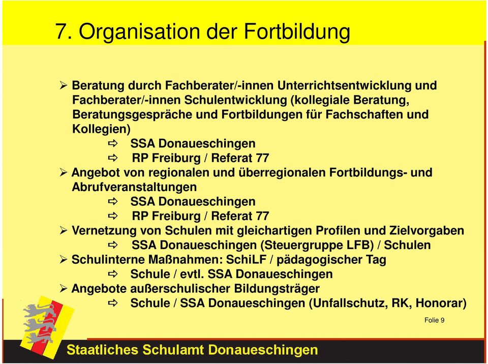 SSA Donaueschingen RP Freiburg / Referat 77 Vernetzung von Schulen mit gleichartigen Profilen und Zielvorgaben SSA Donaueschingen (Steuergruppe LFB) / Schulen Schulinterne