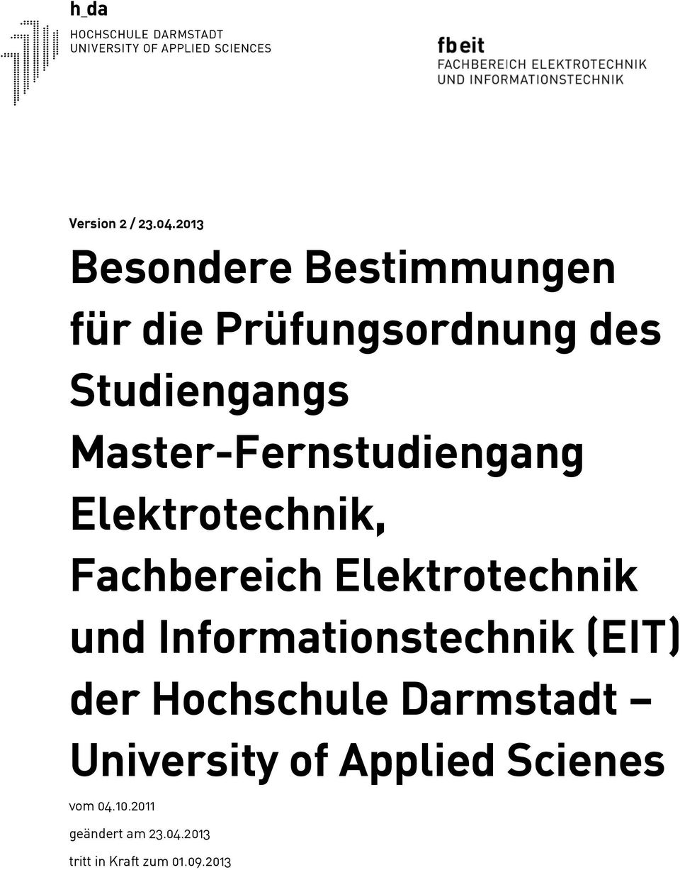 Master-Fernstudiengang Elektrotechnik, Fachbereich Elektrotechnik und