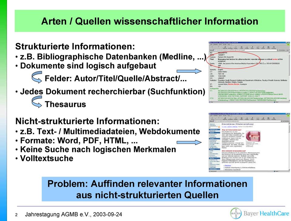 .. Jedes Dokument recherchierbar (Suchfunktion) Thesaurus Nicht-strukturierte Informationen: z.b. Text- / Multimediadateien, Webdokumente Formate: Word, PDF, HTML,.