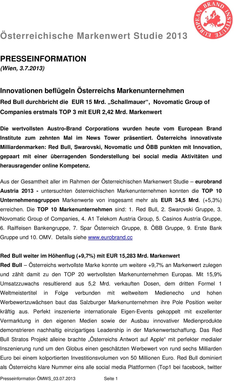 Österreichs innovativste Milliardenmarken: Red Bull, Swarovski, Novomatic und ÖBB punkten mit Innovation, gepaart mit einer überragenden Sonderstellung bei social media Aktivitäten und herausragender