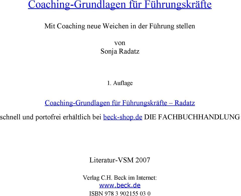 Auflage Coaching-Grundlagen für Führungskräfte Radatz schnell und portofrei