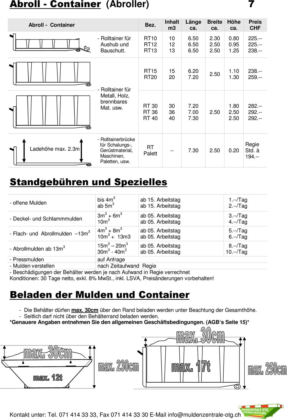 50 282.-- 292.-- 292.-- Ladehöhe max. 2.3m - Rolltainerbrücke für Schalungs-, Gerüstmaterial, Maschinen, Paletten, usw. RT Palett -- 7.30 2.50 0.20 Regie Std. à 194.