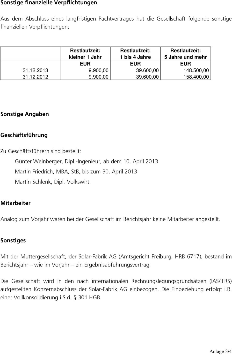 400,00 Sonstige Angaben Geschäftsführung Zu Geschäftsführern sind bestellt: Günter Weinberger, Dipl.-Ingenieur, ab dem 10. April 2013 Martin Friedrich, MBA, StB, bis zum 30.