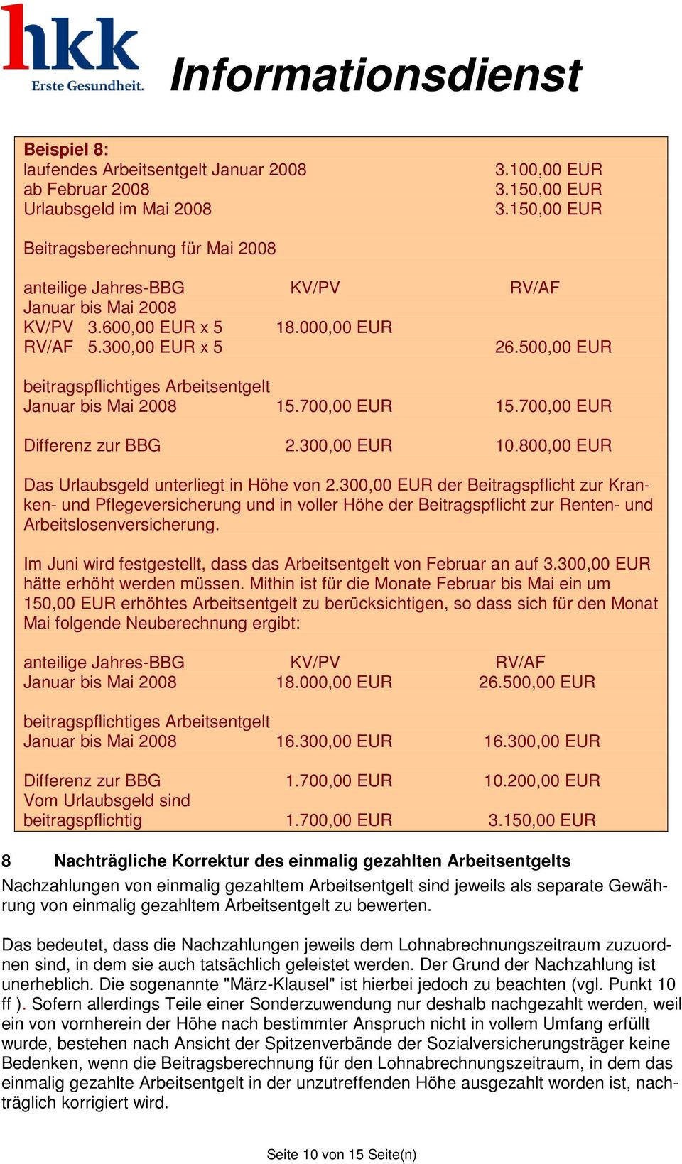 500,00 EUR beitragspflichtiges Arbeitsentgelt Januar bis Mai 2008 15.700,00 EUR 15.700,00 EUR Differenz zur BBG 2.300,00 EUR 10.800,00 EUR Das Urlaubsgeld unterliegt in Höhe von 2.