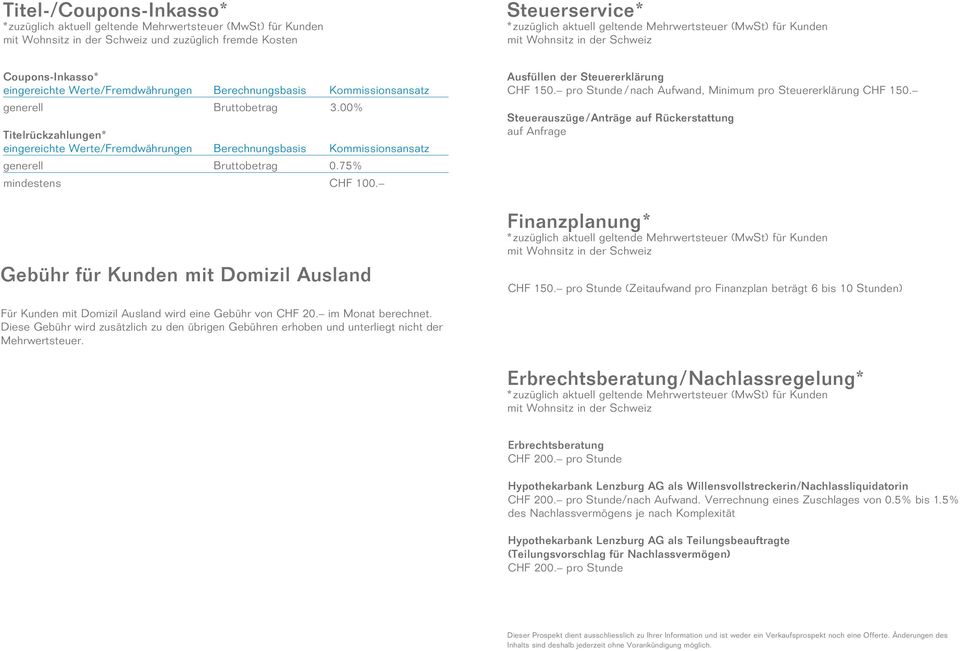 Gebühr für Kunden mit Domizil Ausland Ausfüllen der Steuererklärung CHF 150. pro Stunde / nach Aufwand, Minimum pro Steuererklärung CHF 150.