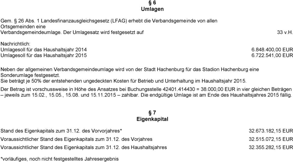 541,00 EUR Neben der allgemeinen Verbandsgemeindeumlage wird von der Stadt Hachenburg für das Stadion Hachenburg eine Sonderumlage festgesetzt.