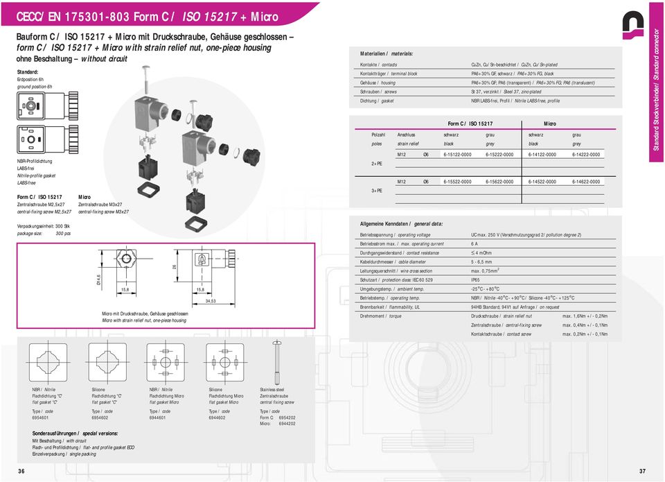 PA6 (transparent) / PA6+30% FG; PA6 (translucent) Form C / ISO 57 Micro Polzahl Anschluss schwarz grau schwarz grau poles strain relief black grey black grey M Ø6 6-5-0000 6-5-0000 6-4-0000 6-4-0000