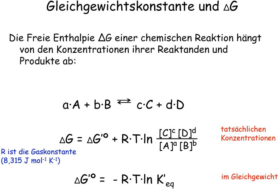 d D R ist die Gaskonstante (8,315 J mol -1 K -1 ) ΔG = ΔG º + R T ln [C] c [D]