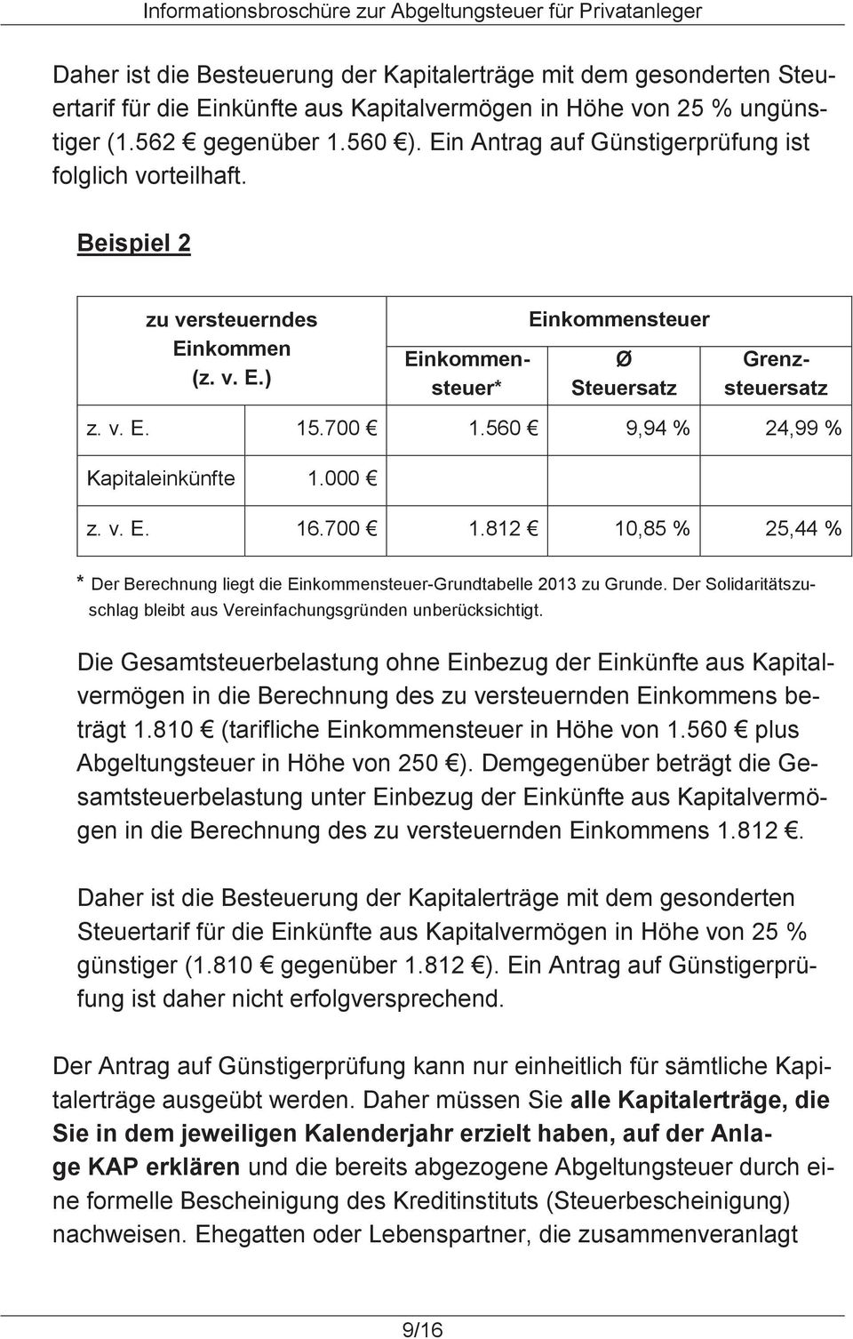 560 9,94 % 24,99 % Kapitaleinkünfte 1.000 z. v. E. 16.700 1.812 10,85 % 25,44 % * Der Berechnung liegt die Einkommensteuer-Grundtabelle 2013 zu Grunde.