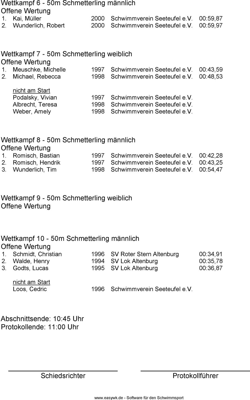 v. Weber, Amely 1998 Schwimmverein Seeteufel e.v. Wettkampf 8-50m Schmetterling männlich 1. Romisch, Bastian 1997 Schwimmverein Seeteufel e.v. 00:42,28 2.