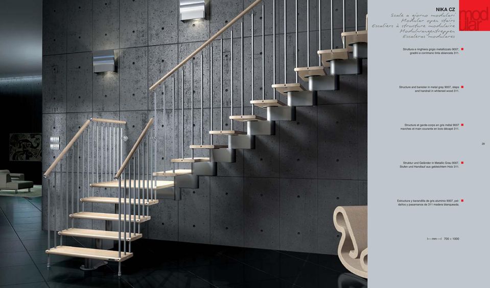 Structure and banister in metal grey 9007, steps and handrail in whitened wood 311.