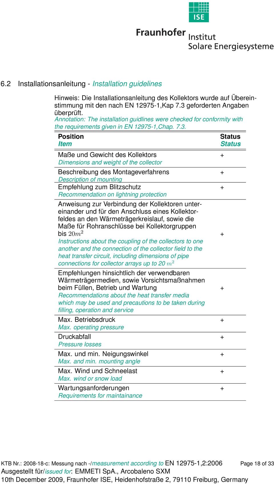 Position Item Maße und Gewicht des Kollektors + Dimensions and weight of the collector Beschreibung des Montageverfahrens + Description of mounting Empfehlung zum Blitzschutz + Recommendation on