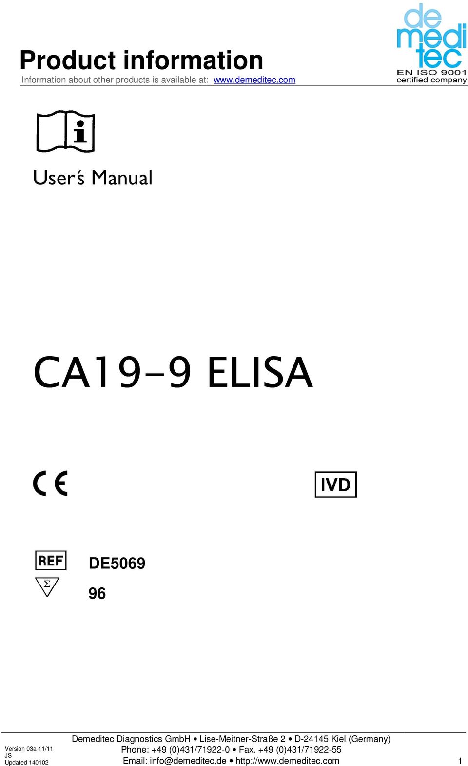 com Userś Manual CA19 19-9 ELISA DE5069 96