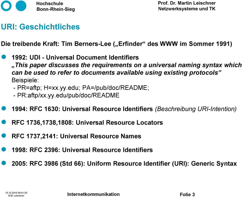 yy.edu/pub/doc/README 1994: RFC 1630: Universal Resource Identifiers (Beschreibung URI-Intention) RFC 1736,1738,1808: Universal Resource Locators RFC 1737,2141: Universal