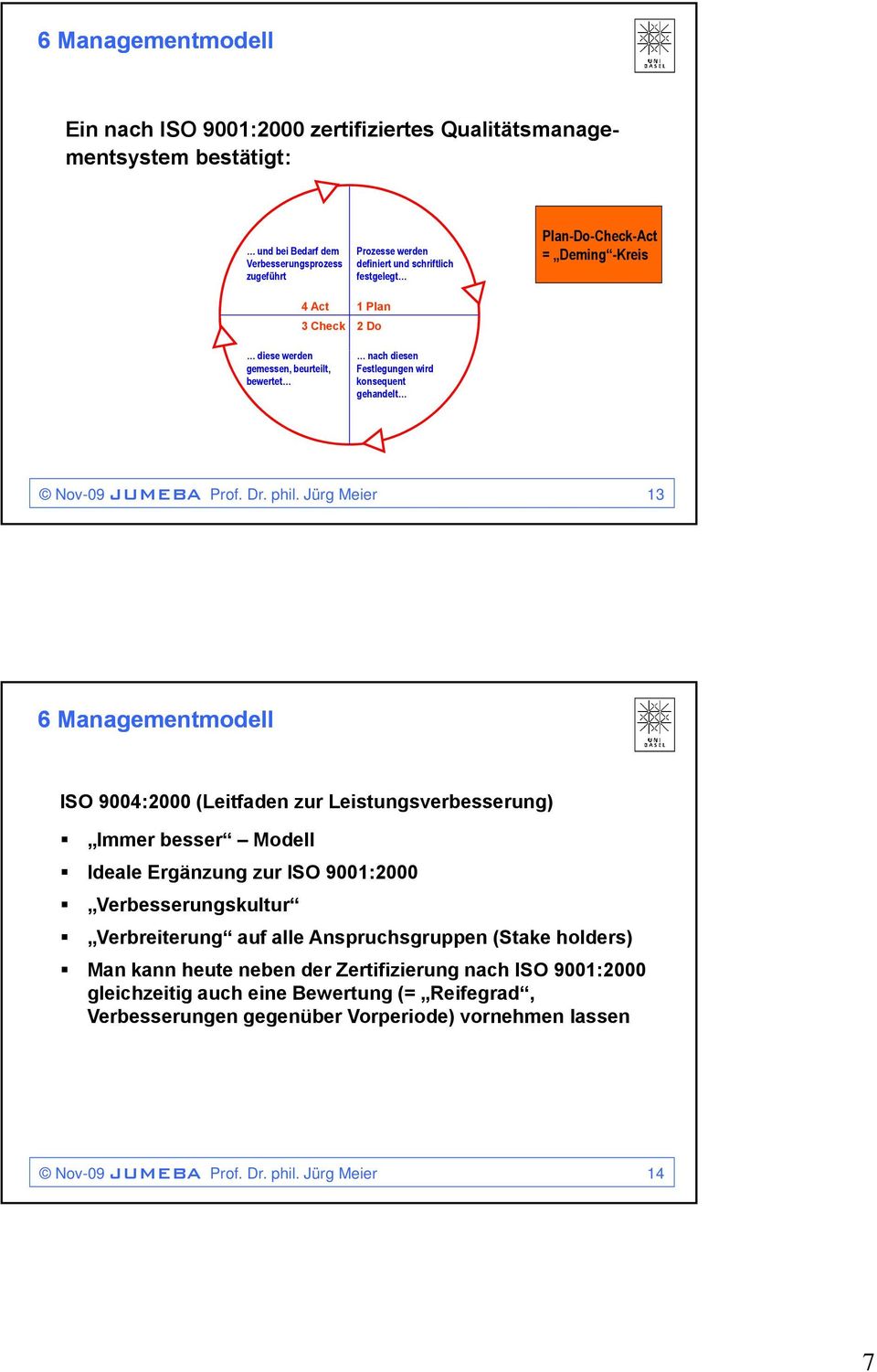 Jürg Meier 13 ISO 9004:2000 (Leitfaden zur Leistungsverbesserung) Immer besser Modell Ideale Ergänzung zur ISO 9001:2000 Verbesserungskultur Verbreiterung auf alle Anspruchsgruppen (Stake