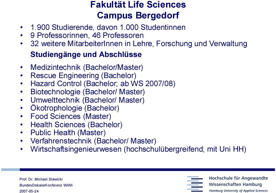 Medizintechnik (Bachelor/Master) Rescue Engineering (Bachelor) Hazard Control (Bachelor; ab WS 2007/08) Biotechnologie (Bachelor/ Master)