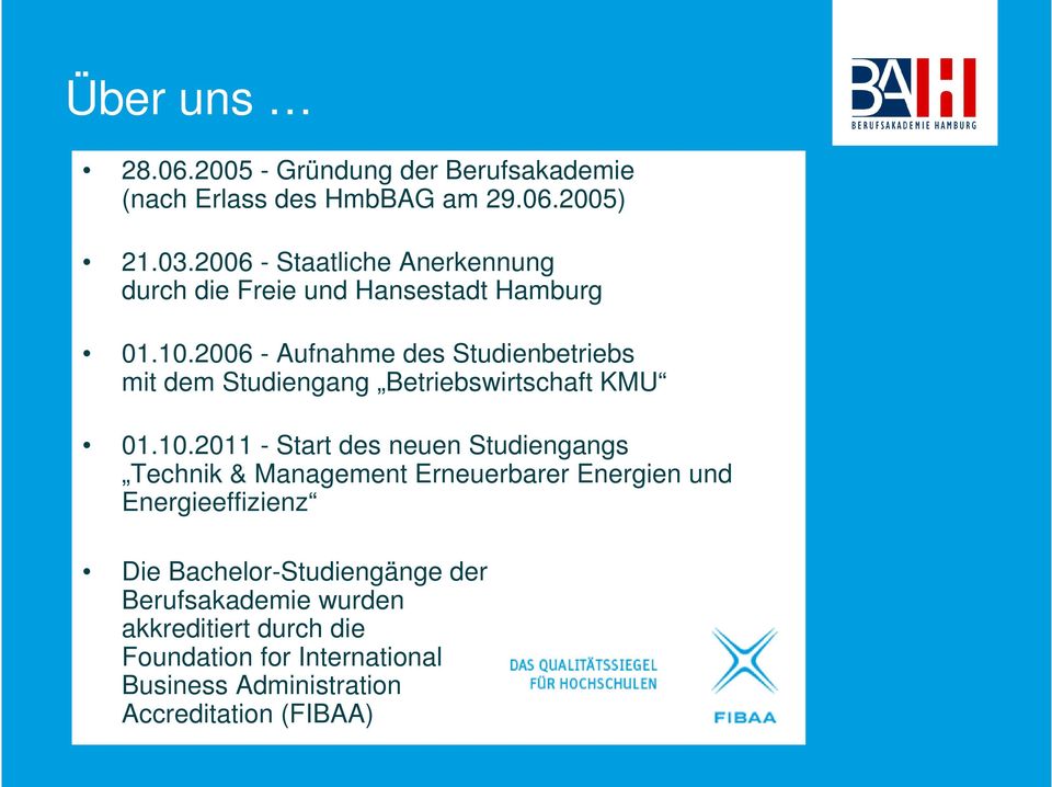 2006 - Aufnahme des Studienbetriebs mit dem Studiengang Betriebswirtschaft KMU 01.10.