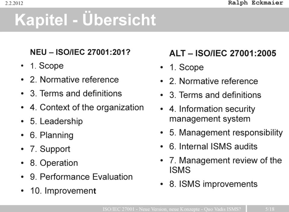 Improvement ALT ISO/IEC 27001:2005 1. Scope 2. Normative reference 3. Terms and definitions 4.