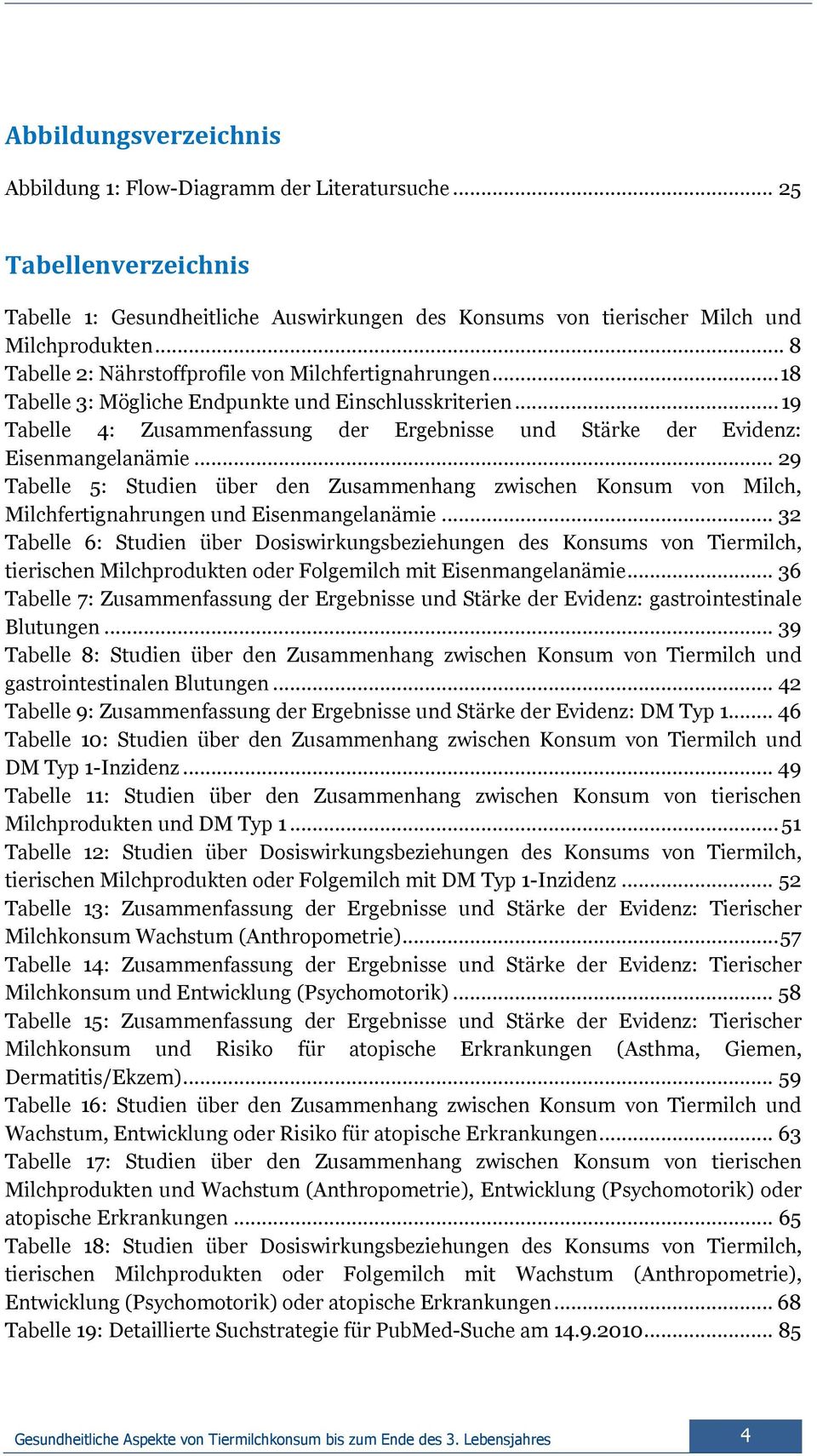 .. 19 Tabelle 4: Zusammenfassung der Ergebnisse und Stärke der Evidenz: Eisenmangelanämie.