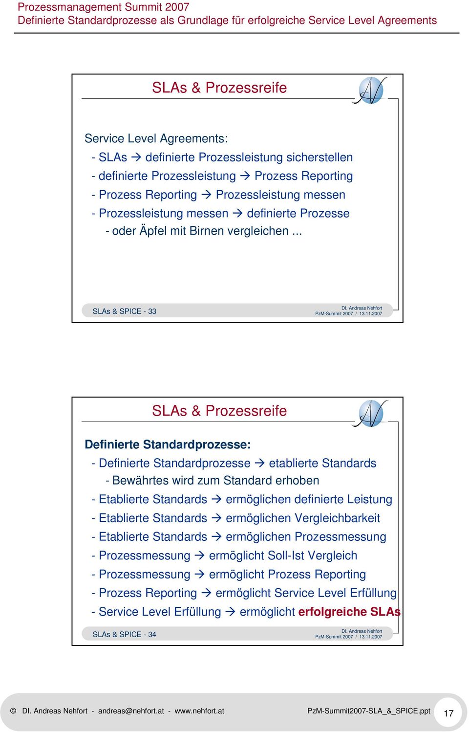 .. SLAs & SPICE - 33 SLAs & Prozessreife Definierte Standardprozesse: - Definierte Standardprozesse etablierte Standards - Bewährtes wird zum Standard erhoben - Etablierte Standards ermöglichen