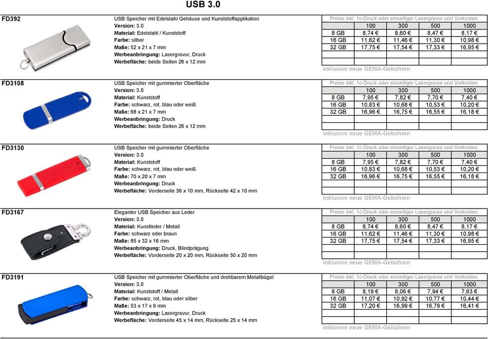 Druck Werbefläche: beide Seiten 26 x 12 mm USB Speicher mit gummierter Oberfläche Preise inkl. 1c-Druck oder einseitiger Lasergravur und Vorkosten. Version: 3.