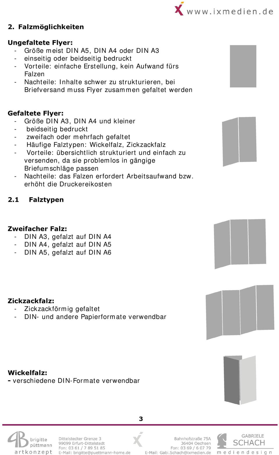 Wickelfalz, Zickzackfalz - Vorteile: übersichtlich strukturiert und einfach zu versenden, da sie problemlos in gängige Briefumschläge passen - Nachteile: das Falzen erfordert Arbeitsaufwand bzw.