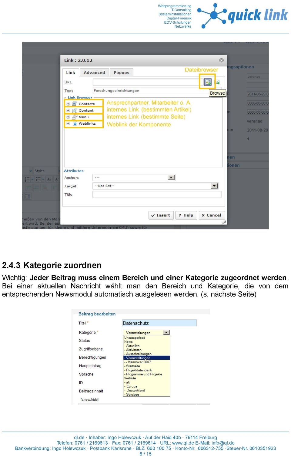 Bei einer aktuellen Nachricht wählt man den Bereich und Kategorie,